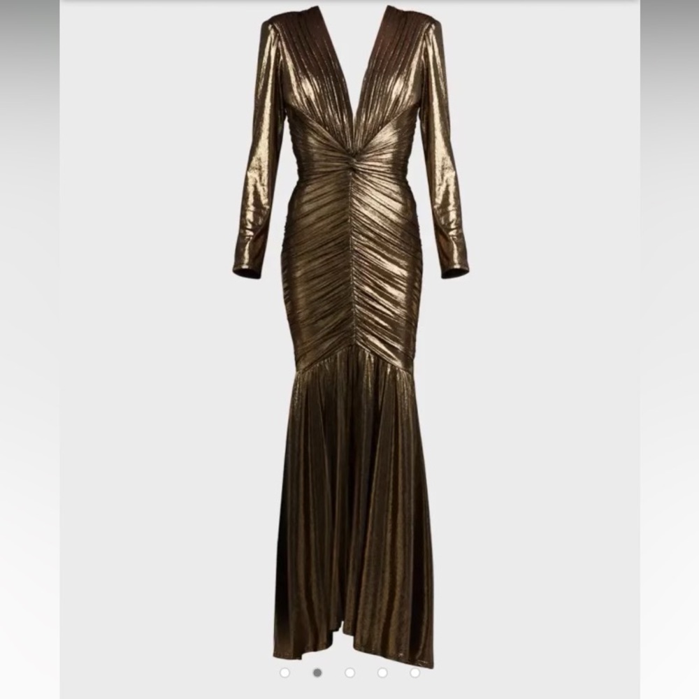 Tadashi Shoji Gold Ruched Deep V-neck metallic jersey Gown - mother of the bride
